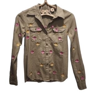 ⭐Artisan De Luxe olive green button up with pink & yellow embroidered flowers xs